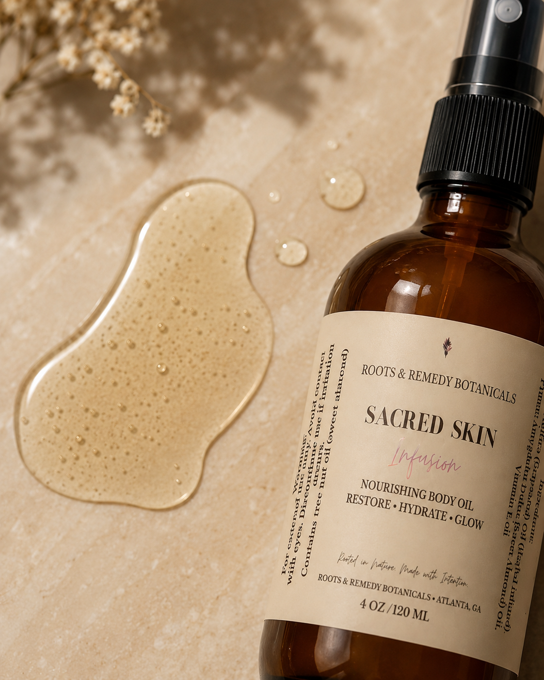 Sacred Skin Infusion:Lightweight botanical body oil for soft, glowing skin.