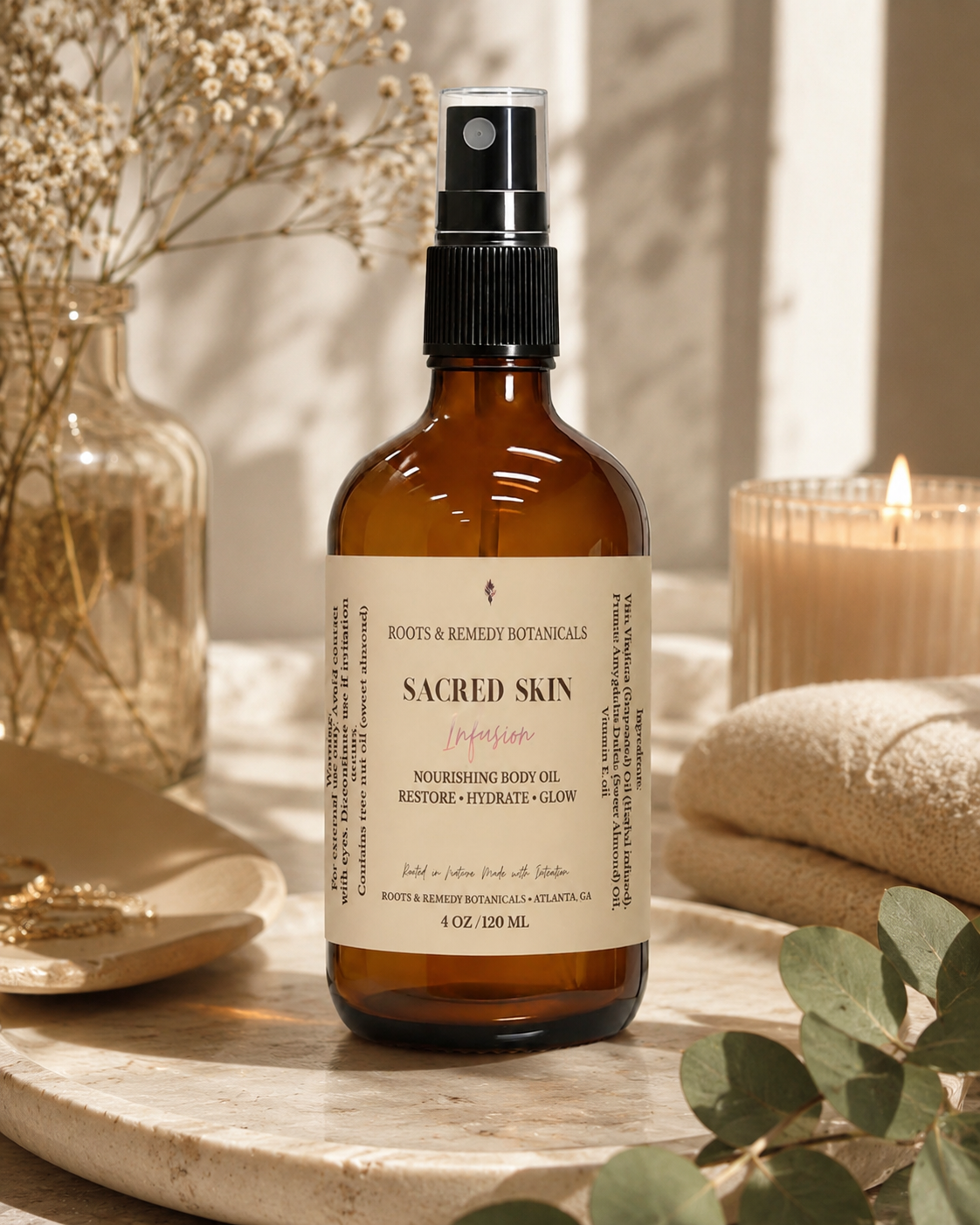 Sacred Skin Infusion:Lightweight botanical body oil for soft, glowing skin.