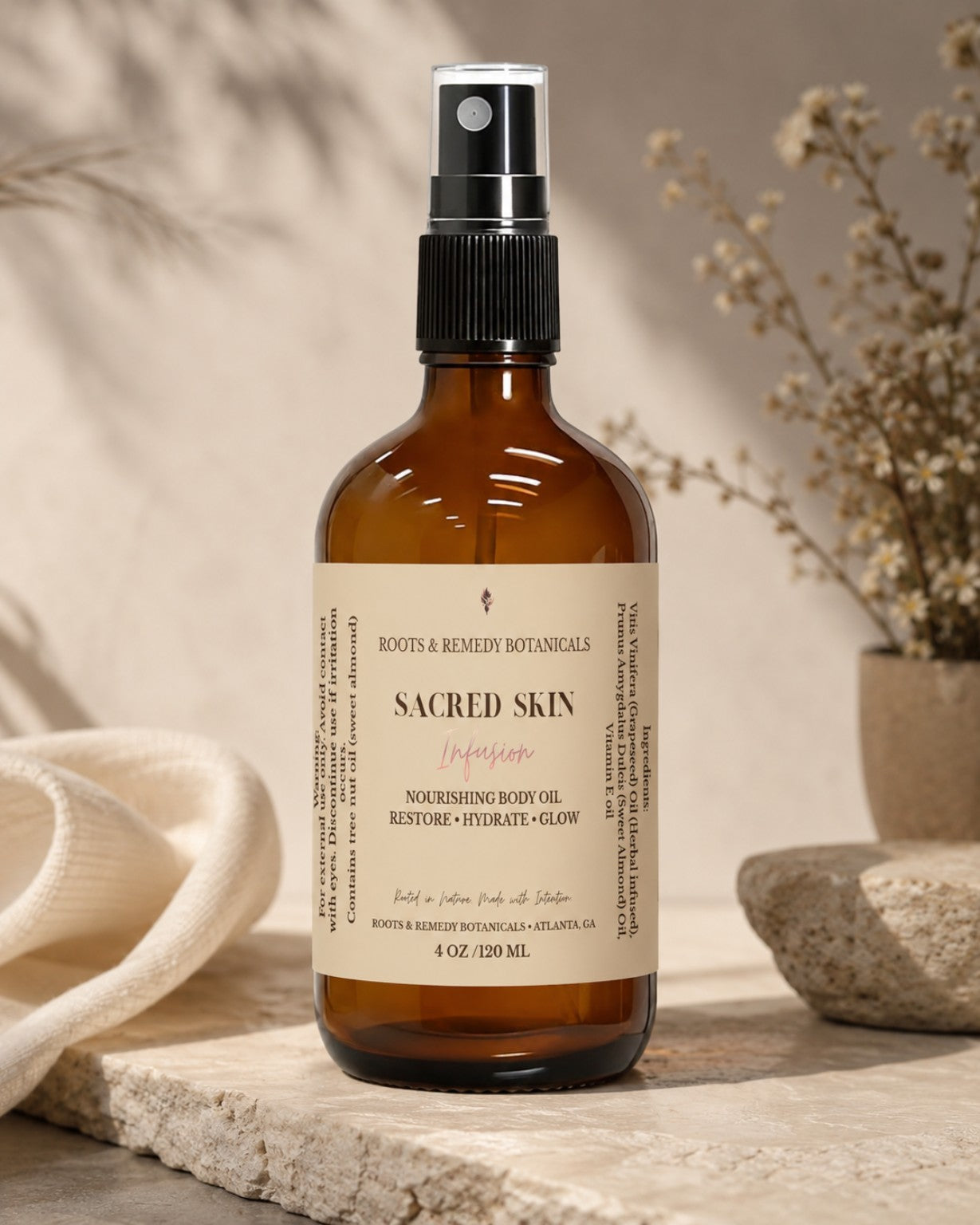 Sacred Skin Infusion:Lightweight botanical body oil for soft, glowing skin.
